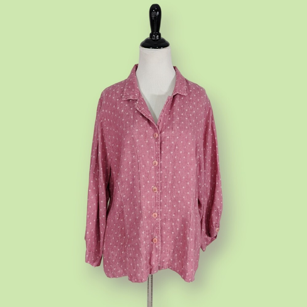 Flax Women's L 100% Linen Polka Dot Button Front‎ 3/4 Sleeve Shirt pink